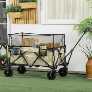 Outsunny 180L Folding Garden Trolley Wagon Cart w/ Extendable Side Walls, Khaki