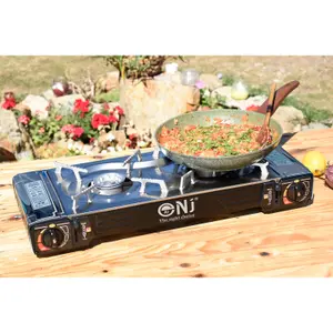 NJ SG-2 Portable Double Burner Gas Stove Stainless Steel Camping with Grill Plate Plastic Carry Case for BBQ Outdoor