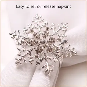 Snowflakes & Diamante Studded Napkin Holder Rings Serviettes Buckles, Silver, 8pcs