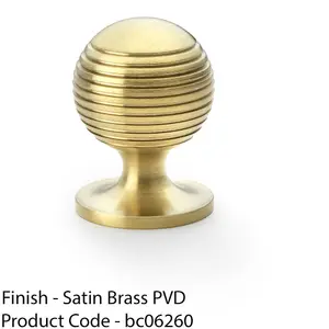 Reeded Ball Door Knob - 32mm Diameter Satin Brass Lined Cupboard Pull Handle