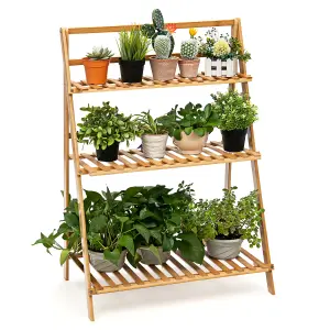 COSTWAY Foldable Bamboo Plant Stand 3-tier Ladder Flower Pot Display Shelf