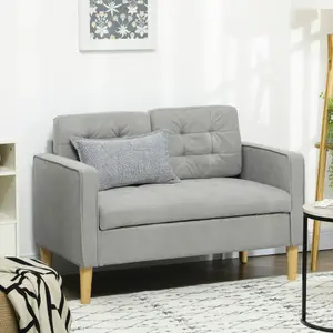 HOMCOM Compact Loveseat Sofa 2 Seater Sofa with Storage and Wood Legs Light Grey