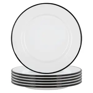 Argon Tableware - White Enamel Dinner Plates - 25.5cm - Black - Pack of 12