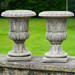 Pair of Classical Urns + Plinths Stone Planters British made Garden Ornament