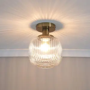 ValueLights Calpe Gold Flush Ceiling Light with Ribbed Clear Glass Shade