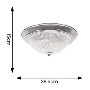 ValueLights Mossley Chrome Flush Ceiling Light with Clear Ribbed Textured Shade - LED Bulb Included