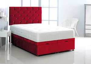 3FT Single Red Crush Velvet Foot Lift Ottoman Bed With Headboard & Mattress