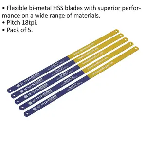 5 Pack of 300mm Flexible Bi-Metal HSS Hacksaw Blades for Versatile Cutting