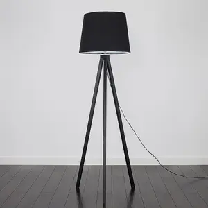 ValueLights Modern Black Wood Tripod Design Floor Lamp With Black Shade