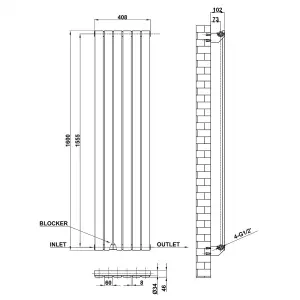 Vertical Anthracite Single Flat Panel Radiator (H) 1600 mm x (W) 408 mm, 3056 BTU.