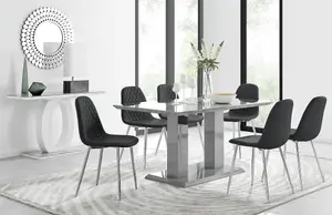 Imperia Grey High Gloss 6 Seater Dining Table with Structural 2 Plinth Column Legs 6 Black Faux Leather Silver Leg Corona Chairs