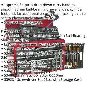 9 Drawer Tool Chest with 205-Piece Tool Set - Ball Bearing Slides - Red and Grey