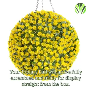 Pair of Best Artificial 28cm Yellow Rose Hanging Basket Flower Topiary Ball - Suitable for Outdoor Use - Weather & Fade Resistant