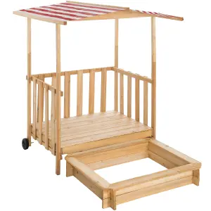 Sandpit - with seating areas and sunshade, play deck with railing, transport wheels - red