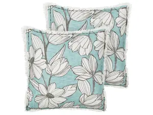 Set of 2 Cushions CYANOTIS Cotton 45 x 45 cm Floral Block-Printing Light Blue