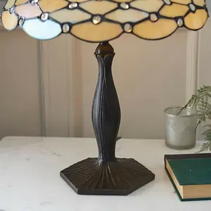 Tiffany Glass Table Lamp Light Dark Bronze & Rich Cream Geometric Shade i00226