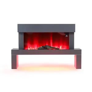 LED Freestanding Electric Fire Suite Black Fireplace with Grey Surround Set 7 Flame Colors Adjustable 47 Inch