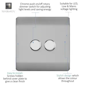 Trendi Switch 2 Gang 1 or 2 way 150w Rotary LED Dimmer Light Switch in Brushed Steel