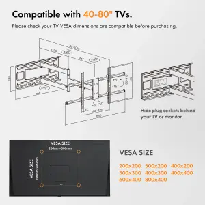 VonHaus Long Reach TV Wall Bracket for 40-80" Screens, Articualting TV Bracket with Spirit Level, 50kg Capacity