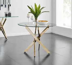 Furniturebox UK Novara 100cm Round Gold Leg Dining Table & 2 Black Pesaro Gold Leg Chairs