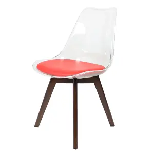 Soho Clear and Red Plastic Dining Chair with Squared Dark Wood Legs