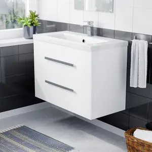 Nes Home Nanuya 800mm Gloss White Wall Hung 2 Drawer Vanity Cabinet & Ceramic Basin Sink