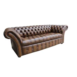 Chesterfield 3 Seater Buttoned Seat Sofa Antique Tan Real Leather In Balmoral Style