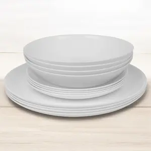 Queensway Home & Dining 26cm Diameter 12 Pcs White Opal Glass Luna Dinner Plates Soup Bowls Dinnerware Set