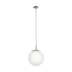 EGLO Rondo Satin Nickel And White Glass And Metal Pendant Light, (D) 20cm