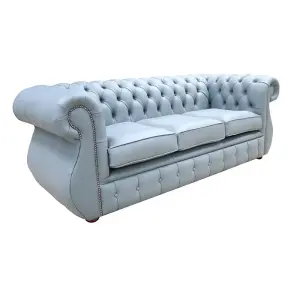 Chesterfield 3 Seater Shelly Piping Grey Leather Sofa Bespoke In Kimberley Style