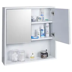 URBNLIVING Height 60cm Wooden Wall White Bathroom Storage Cabinet with Mirror and 2 Half Doors