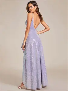 Elegant V-Neck High-Low Sequin Evening Dress