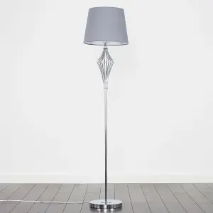 ValueLights Jaspa Polished Chrome Metal Wire Geometric Diamond Design Floor Lamp with Grey Shade