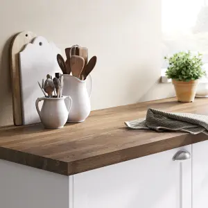 GoodHome 40mm Matt Stained Dark wood effect Solid oak Square edge Kitchen Island worktop, (L)1800mm