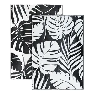 Large Garden Outdoor Rug For Patio, Black & White Tropical Leaf Waterproof Garden Rug 160 x 230cm