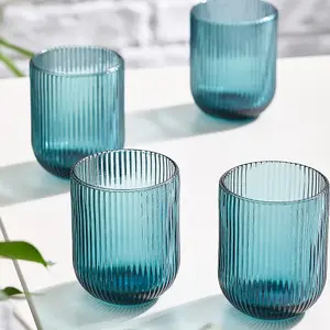 Set of 8 Vintage Luxury Blue Ribbed Short Drinking Glass Whisky Glass Tumbers 270ml