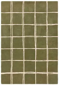 Olive Chequered Wool Modern Shaggy Handmade Rug For Living Room Bedroom & Dining Room-160cm X 230cm