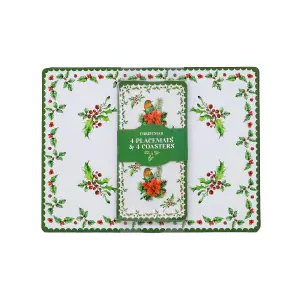 Placemats & Coasters Robin & Poinsettia Christmas Table Decor Wood Cork 8pcs Set