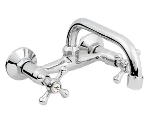 Hydroland Chromed Brass Wall Mounted Mixer Faucet 20cm C-type Spout Tap with Retro Heads