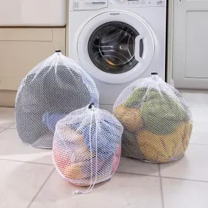 Set of 3 Mesh Laundry Bags - Fine Meshed Polyester Home or Travel Reusable Drawstring Washing Clothes Organiser Sacks