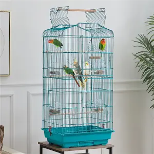 Yaheetech Teal Blue Open Top Metal Birdcage Parrot Cage with Slide-out Tray and Four Feeders