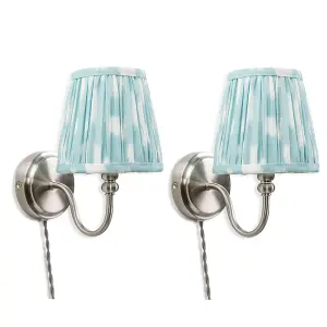 ValueLights Neely Pair of - Plug in Brushed Chrome Easy Fit Wall Lights with Blue Pleated Tapered Lampshade - Bulbs Included