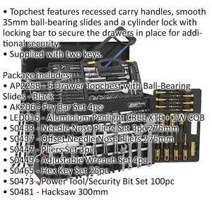 230 Piece Tool Kit with 5 Drawer Topchest - Ball Bearing Slides and Locking Mechanism - Black Finish