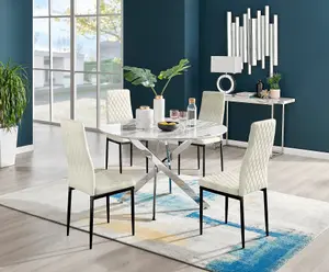 Furniturebox UK Novara White Marble 120cm Round Dining Table & 4 Cream Velvet Milan Black Leg Chairs