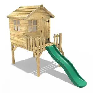 Rebo Orchard 4FT x 4FT Wooden Playhouse On 900mm Deck and 6FT Slide (Swan Dark Green)