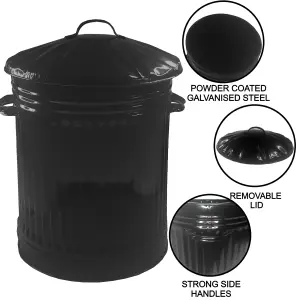 60L Black Retro Bin Vintage Style Metal Dustbin with Lid Suitable for Indoor or Outdoor - Classic Bin Steel Dustbin for Animal Fee