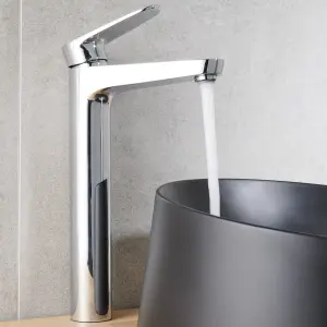 GoodHome Cavally Tall Chrome effect Round Sink or worktop Mono mixer Tap