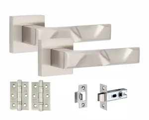 5 Pair Modern Nova Design Satin Nickel Premium Door Handles Square Rose 3" Ball Bearing Hinges and Tubular Latch - Golden Grace