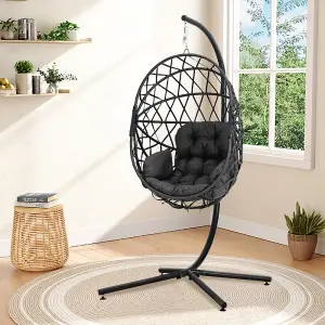 Dark Grey Foldable 1 Seater Rattan Egg Swing Chair Garden Relaxing Hanging Chair with Metal Stand and Cushion