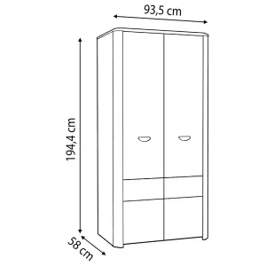 Large 2 Door Oak Wardrobe Full Length Hanging Space With Rail & Shelf